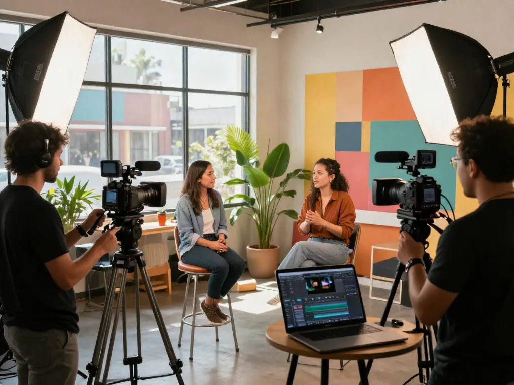 Engaging testimonial video production Los Angeles, California scene featuring a diverse creative team capturing client interviews in a vibrant studio.