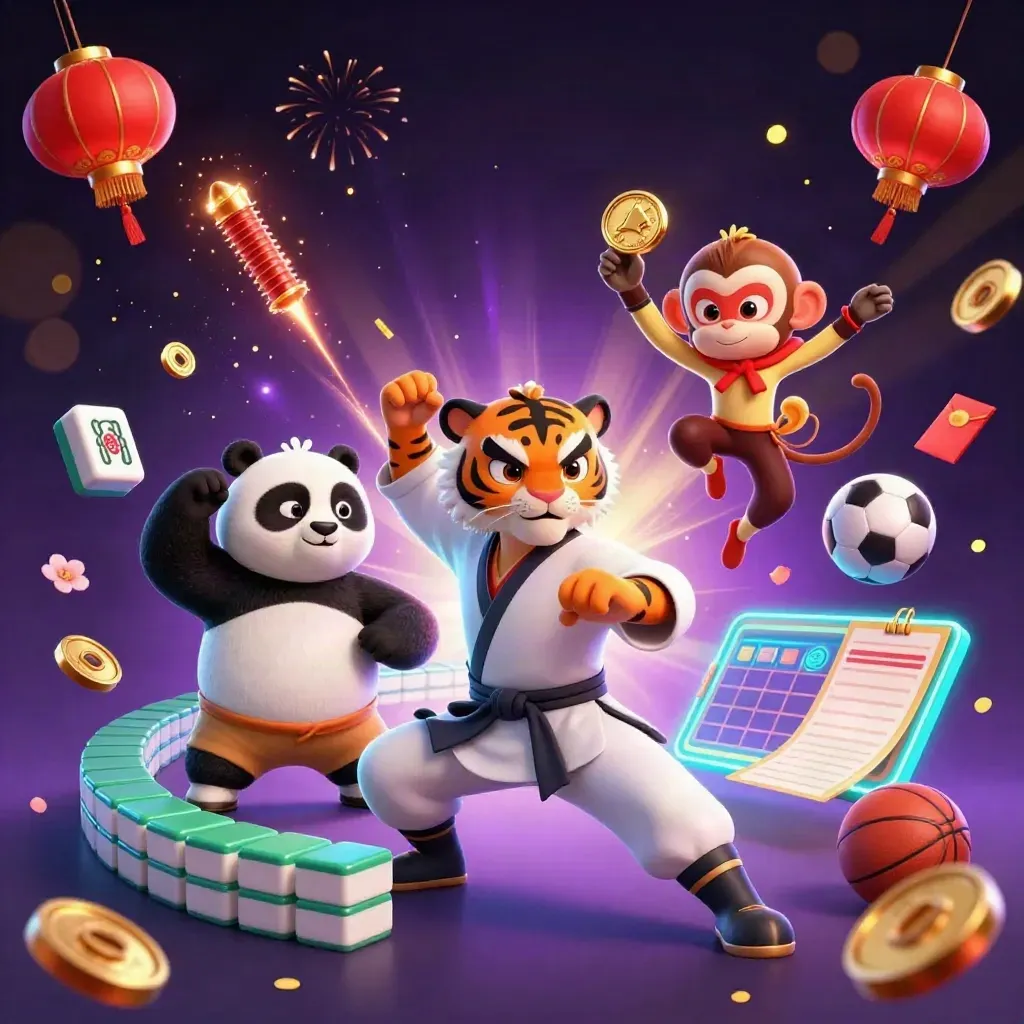 Kung-fu tiger, panda, and monkey amid casino and festive game effects in neon blue light.