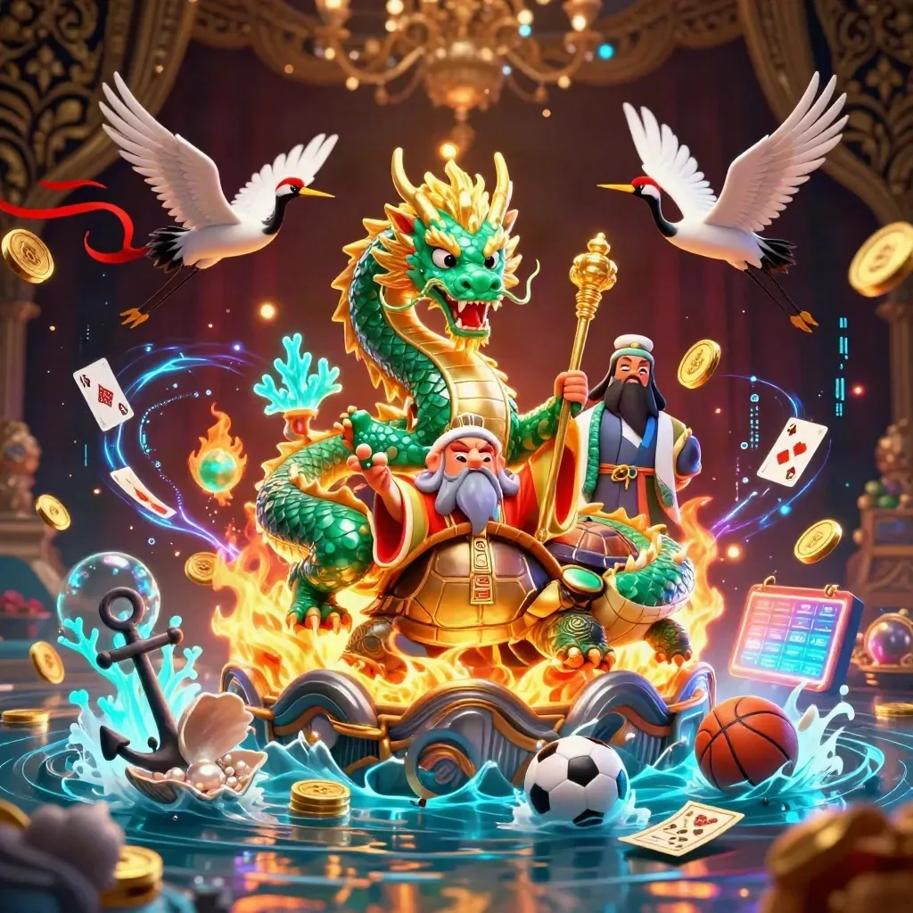 Jade dragon, turtle sage and cranes in a neon treasure cove with casino relics and blue light