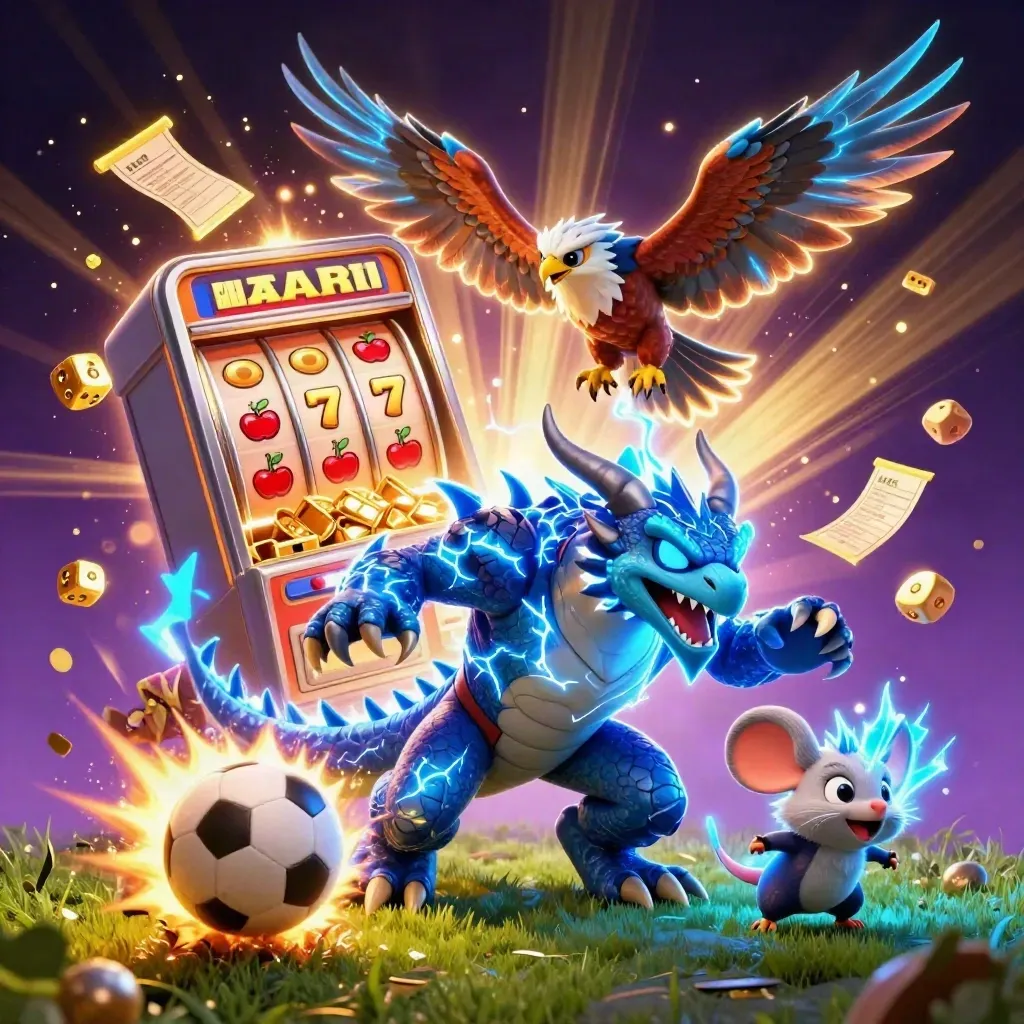 Thunder dragon, wind hawk, and mouse amid slot machine explosions and flying sports gear