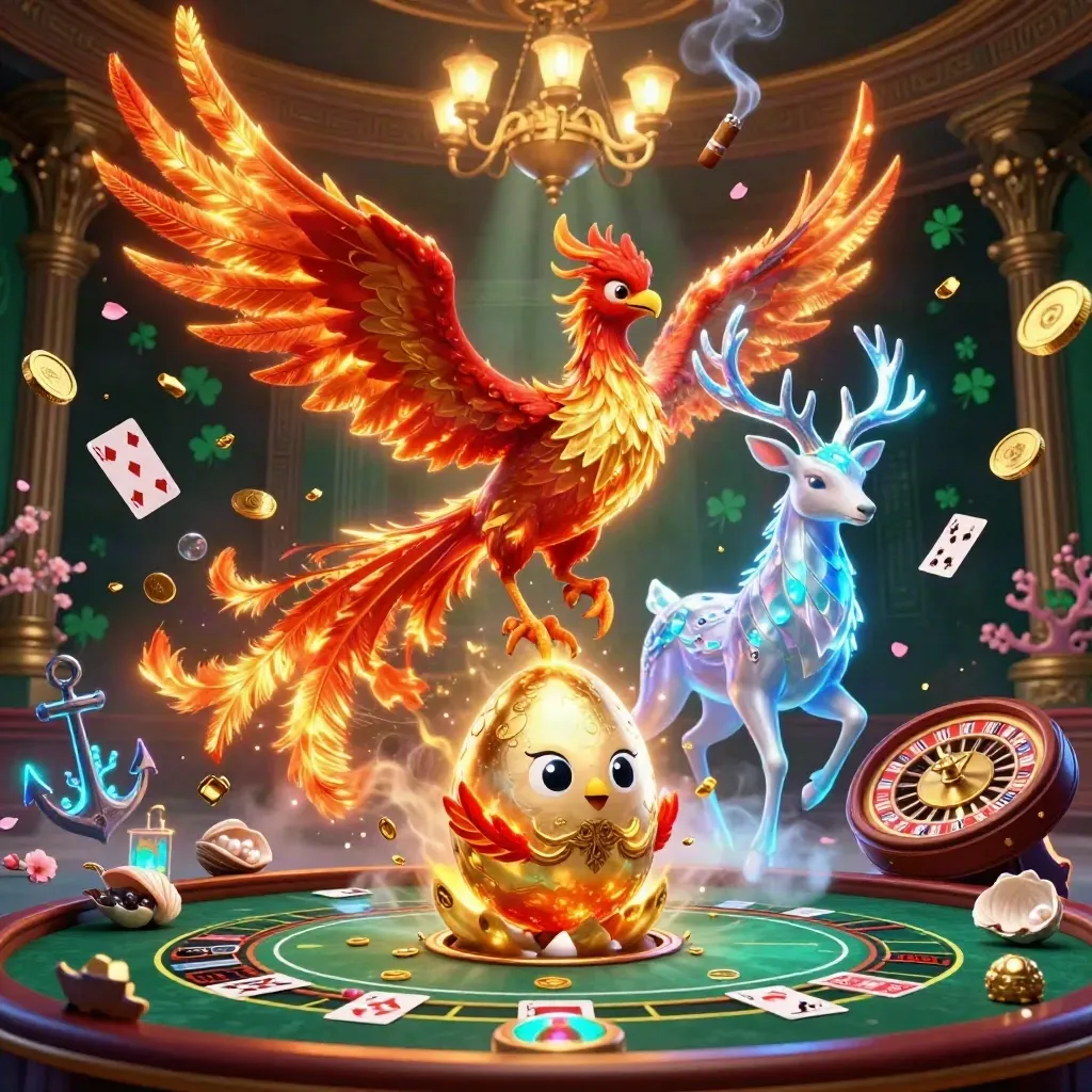 Phoenix, stag, and hatchling amid gold, coral, and casino relics in neon blue light.