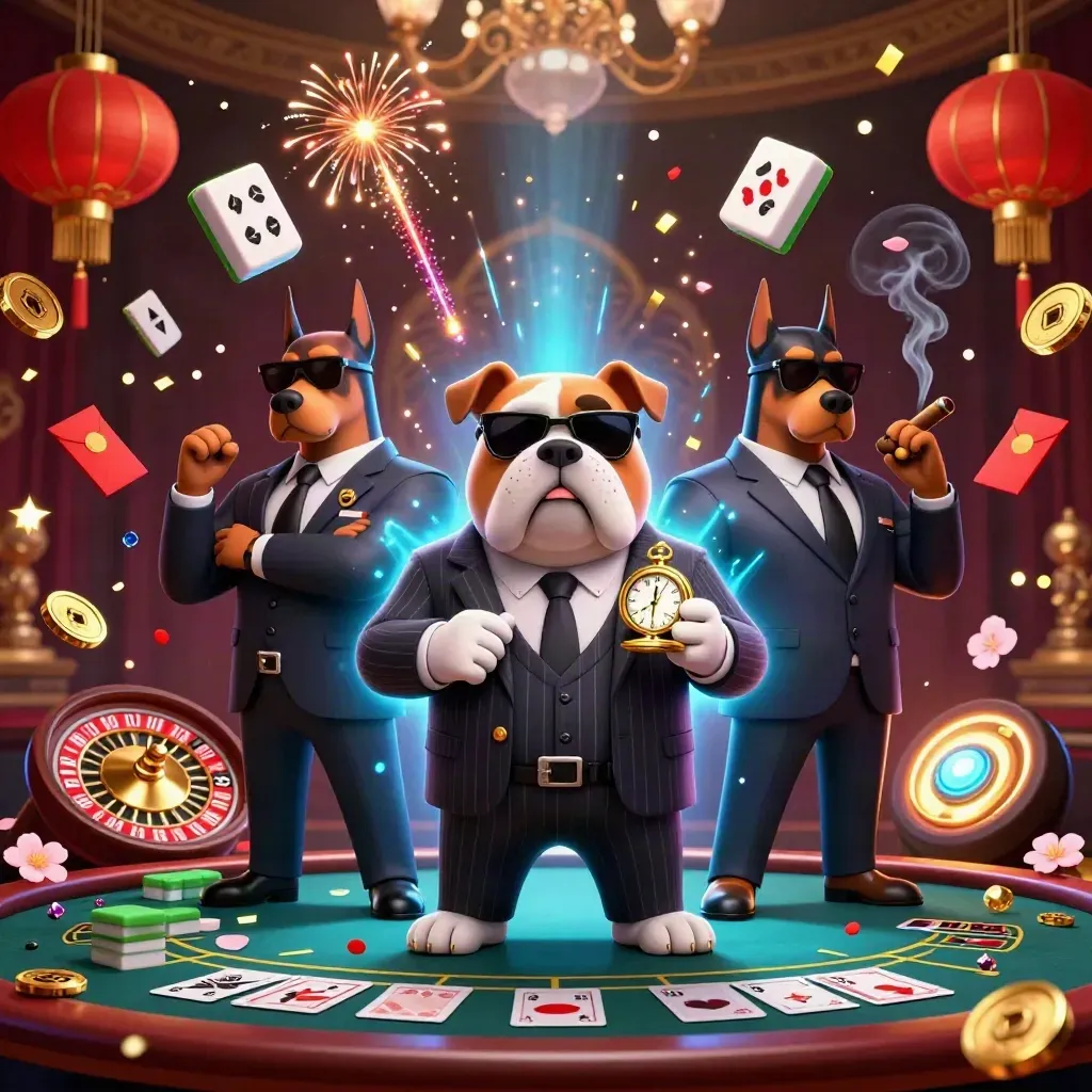 Bulldog boss and Doberman guards amid casino lights, mahjong tiles, lanterns, coins, and fireworks.