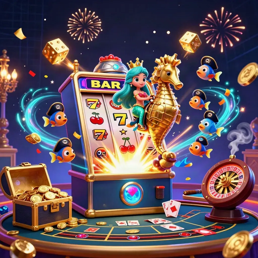 Mermaid princess on a seahorse amid slots, dice, roulette, cards, confetti, and neon casino glow.