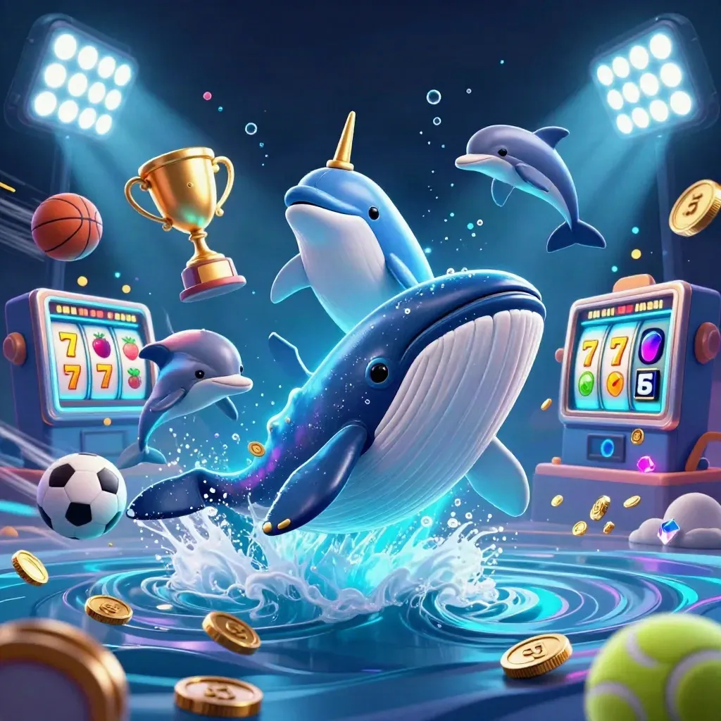 Captain whale, narwhal, and dolphins burst through coins with neon cyan sports-casino effects.