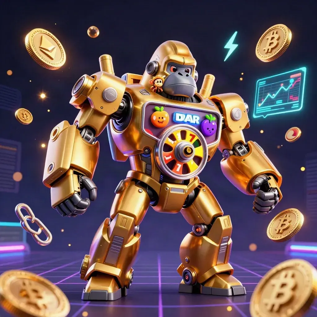 Golden gorilla mech with monkey pilot, neon coins, lightning, and casino energy in a dark cyber backdrop.