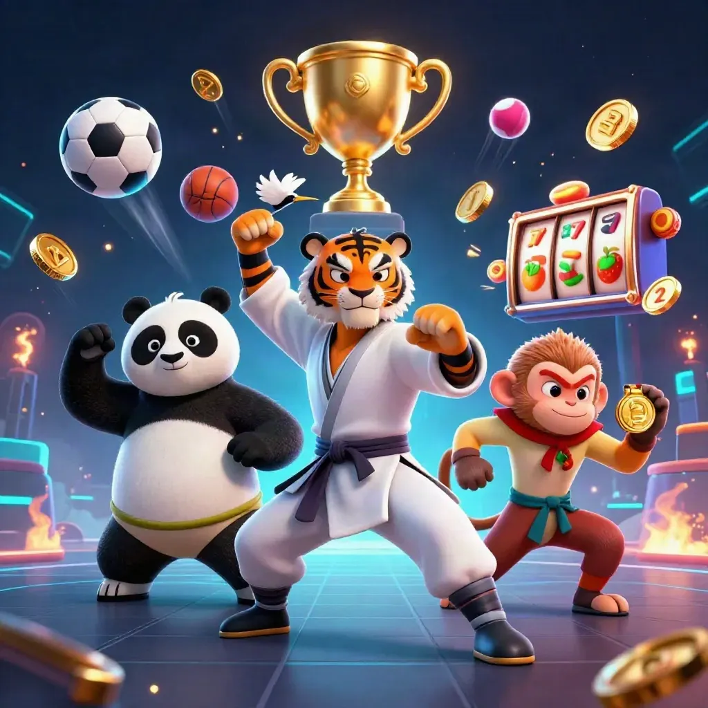 Tiger, panda, and monkey pose amid balls, coins, trophy, reels, and neon casino lights.