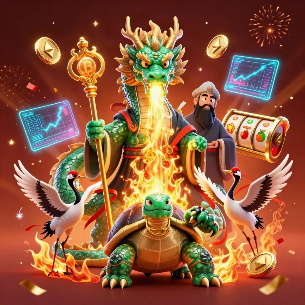 Emerald dragon, turtle sage and cranes amid neon casino effects and blue cyber glow.