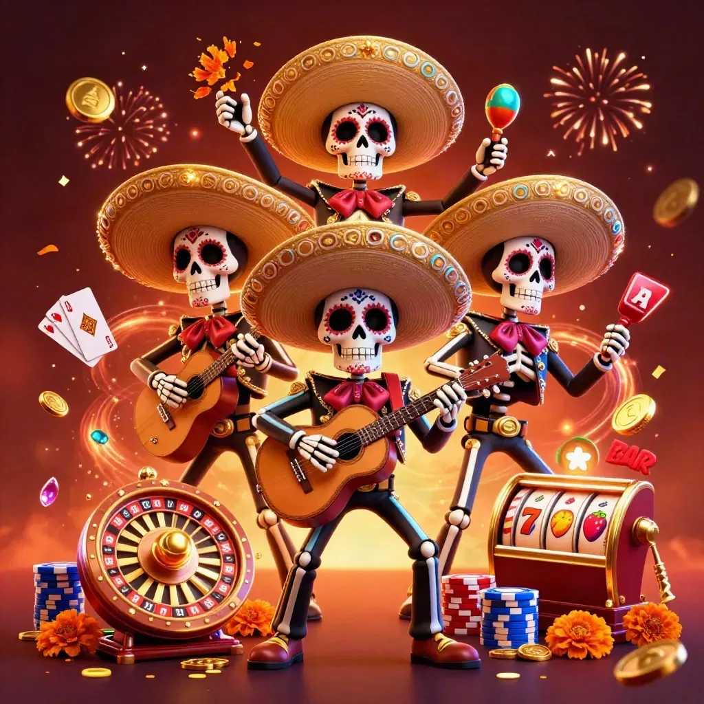 Three Day-of-the-Dead mariachi skeletons amid casino chips, coins, roulette wheel and blue-cyan glow.