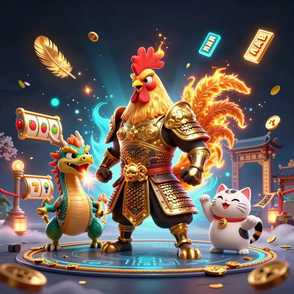 Rooster warrior, dragon hatchling, and fortune cat amid casino symbols and glowing blue effects