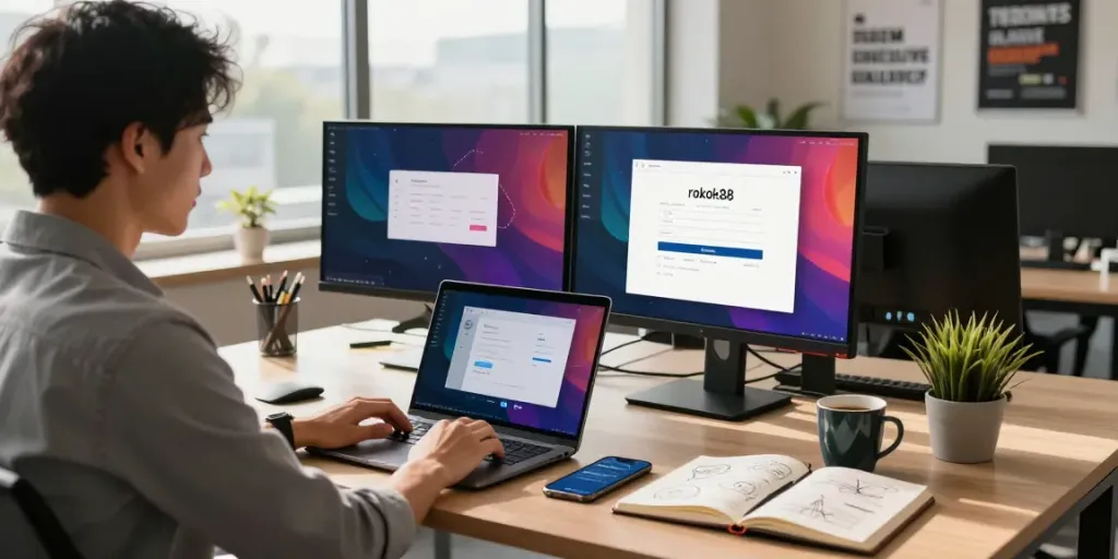 rokok88 login page displayed in a modern office workspace with engaging elements like a laptop, smartphone notifications, and motivational décor.